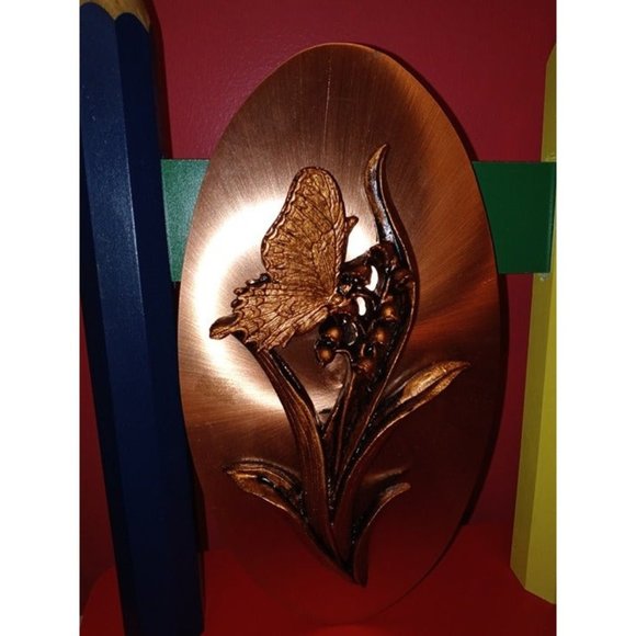 3D Copper Butterfly on Lily of The Valley Oval Plaque, - Picture 1 of 3